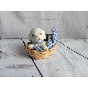vintage ceramic puppy in wicker basket With Blanket